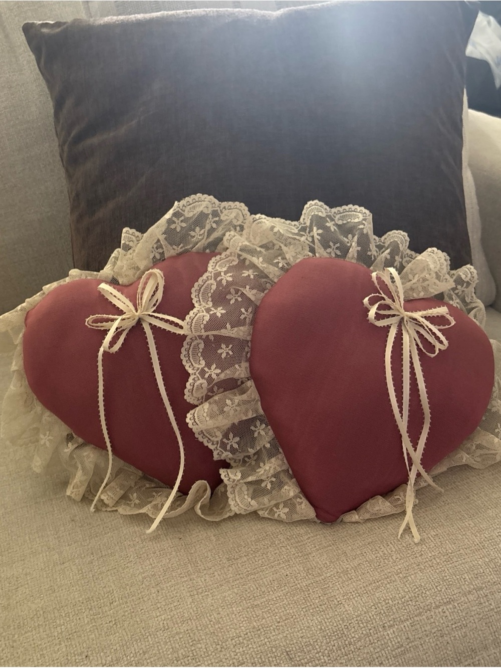 Mauve Heart Throw Pillow with Lace Trim